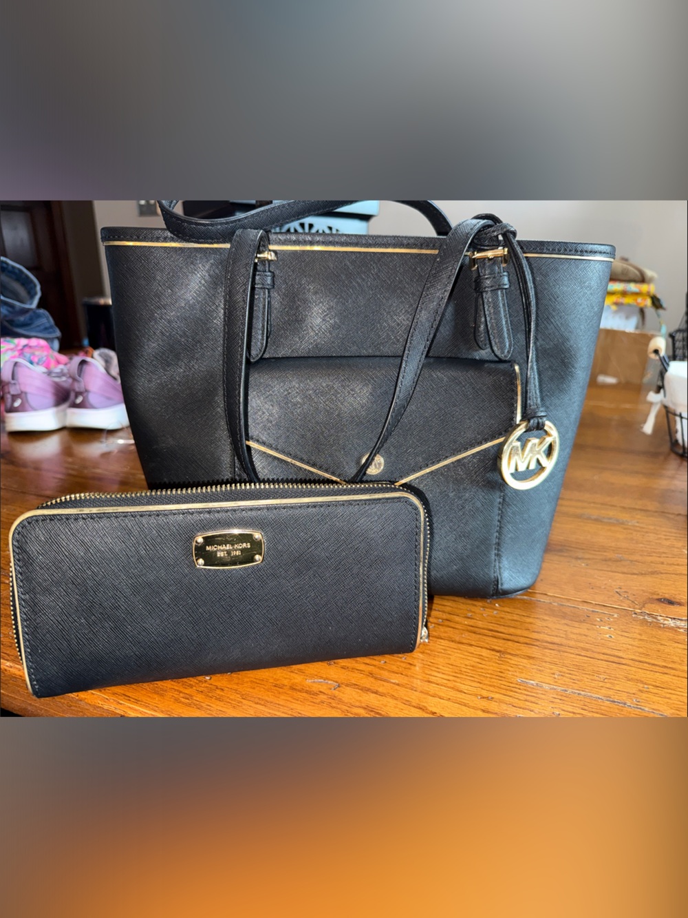 Michael Kors Black Leather Shoulder Bag with Gold Hardware
